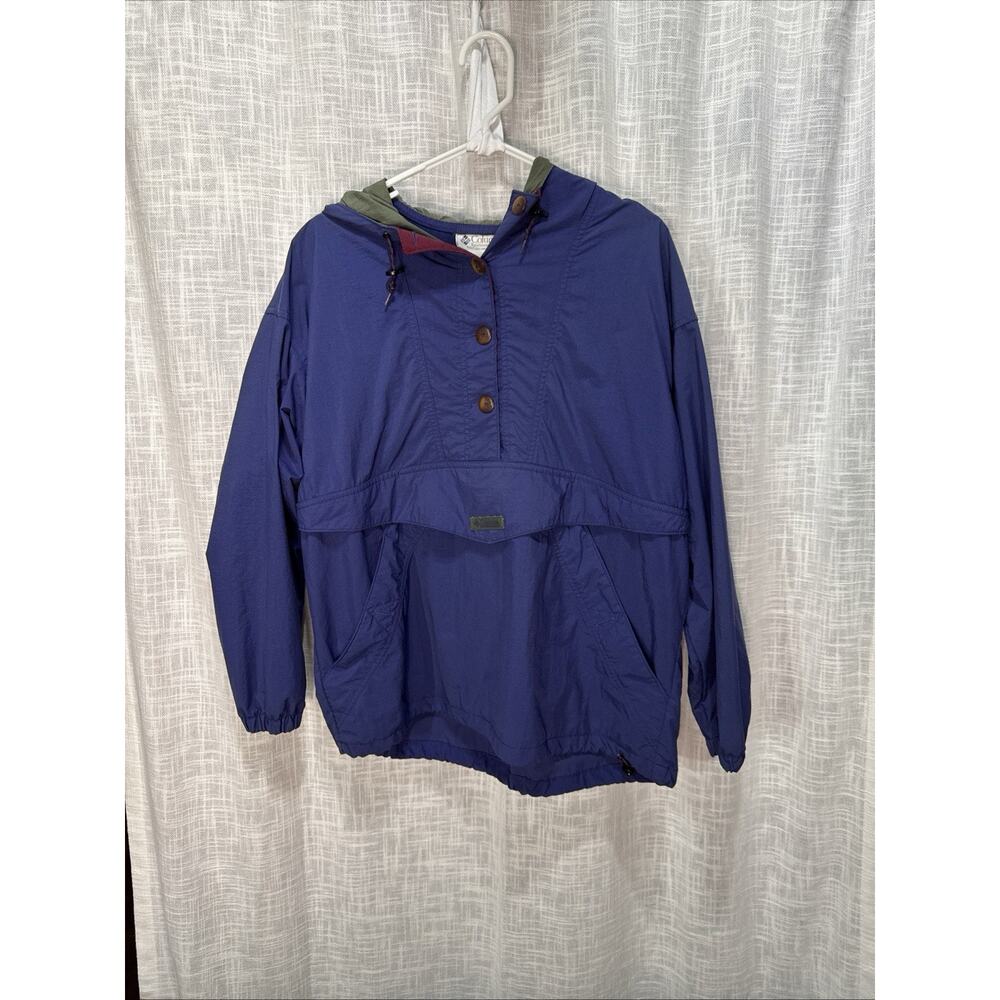 Vintage Columbia Womens Pullover Hooded Button Windbreaker M Navy purple Green